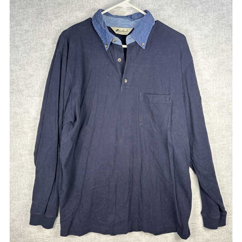 VTG Eddie Bauer Shirt Men Medium Navy Blue Long Sleeve Pocket Rugby Preppy Y2K